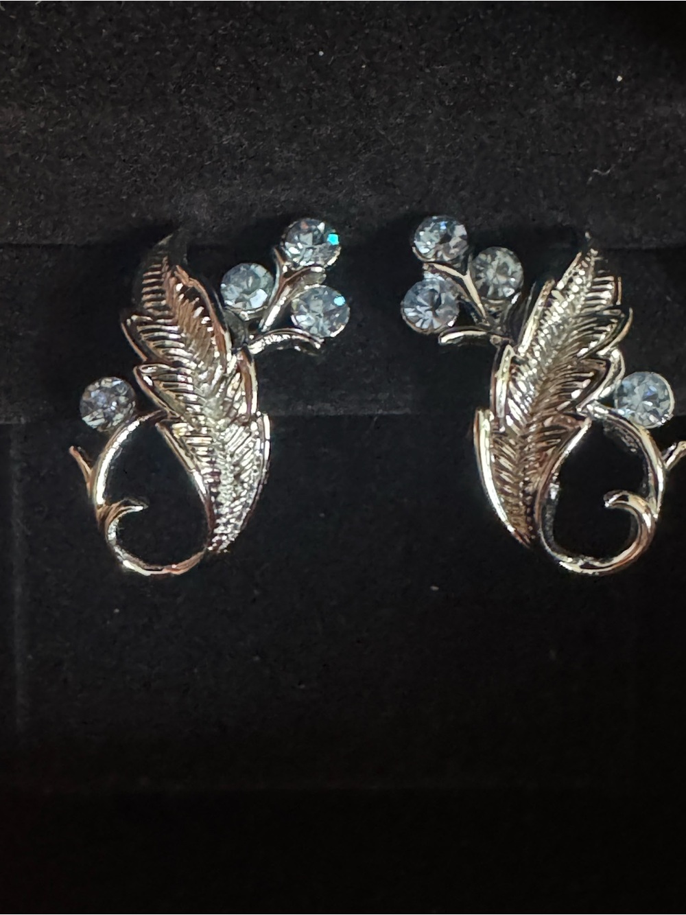 Vintage Coro Silver-Tone Leaf Earrings with Blue Crystals 1940-1950